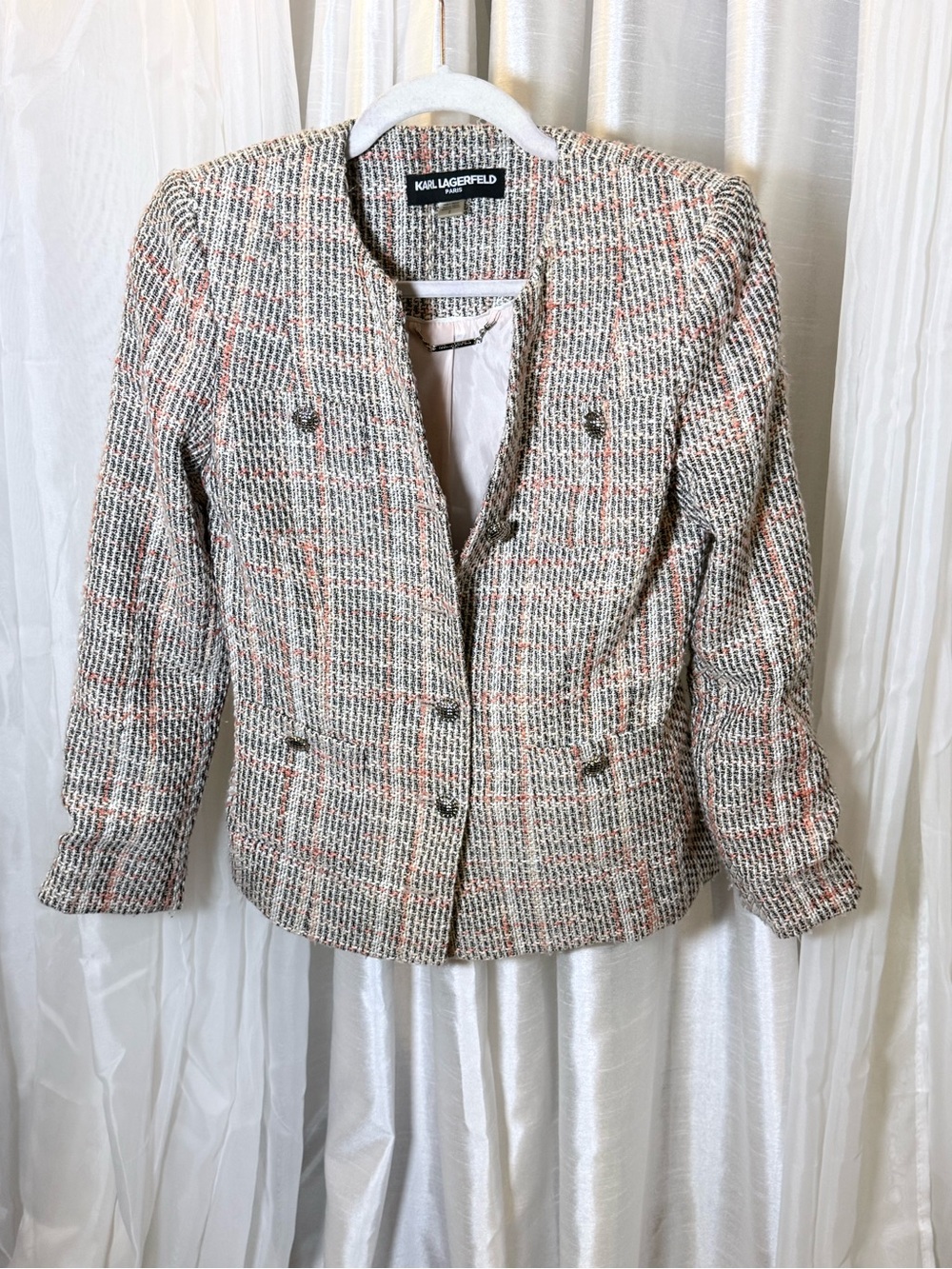 Karl Lagerfeld Beige Multi Tweed Blazer with Pink Accents